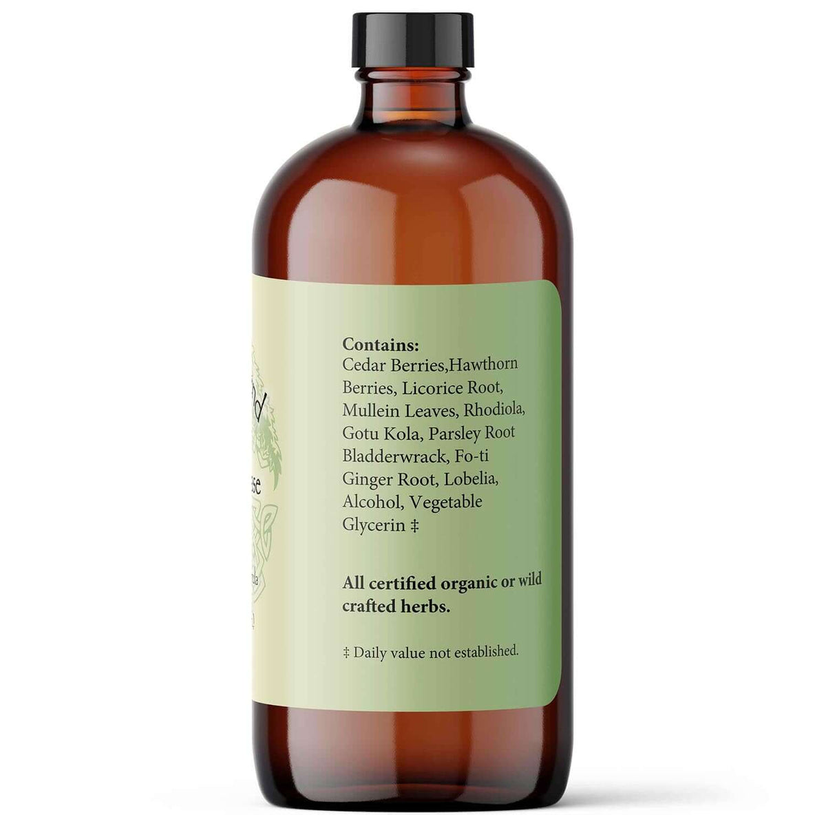 Adrenal-Ease Liquid Adaptogens for Burnout ingredients list including herbs like Cedar Berries, Licorice Root, and Glycerin.