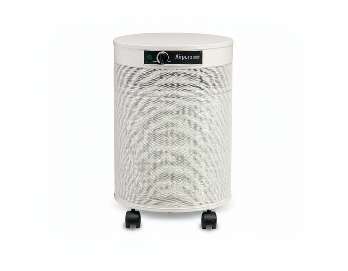Airpura C600 DLX Professional Grade VOC Air Purifier, white design with wheels for mobility, effective air purification.