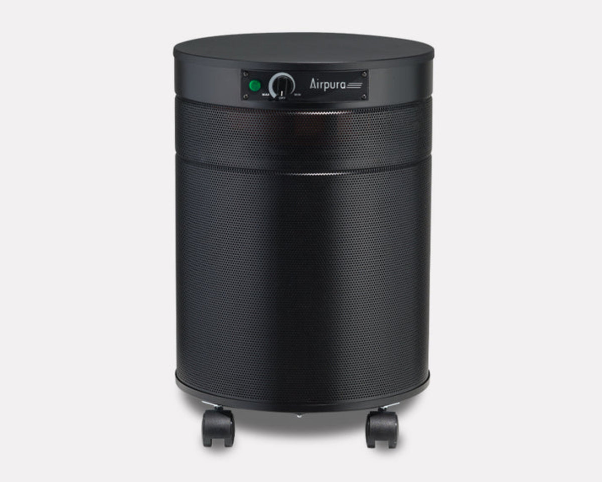 Black air purifier with 'Airpura' branding on a white background