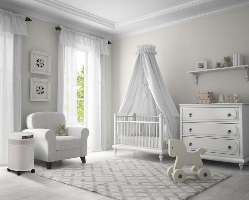 Airpura T600 in a modern nursery, providing tobacco smoke and tar particle air filtration in a clean, safe environment.