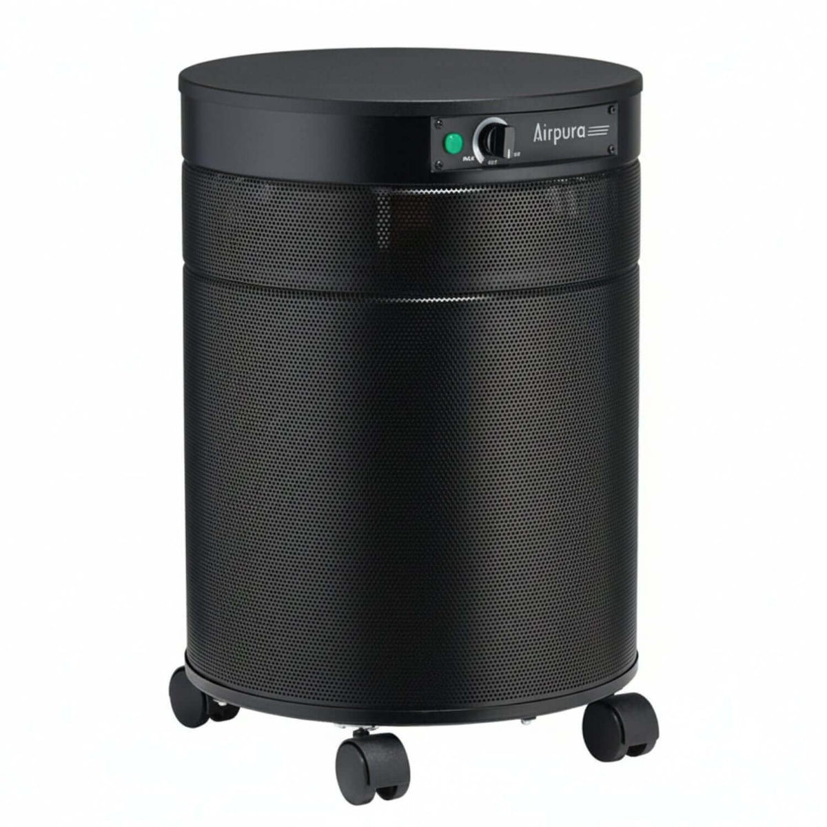 Airpura T600 air purifier designed for Tobacco Smoke and Tar Particle Air Filtration, featuring a sleek black design on wheels.