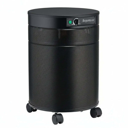 Airpura T600 air purifier designed for Tobacco Smoke and Tar Particle Air Filtration, featuring a sleek black design on wheels.