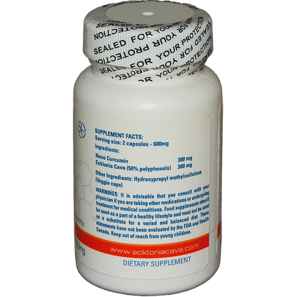 Ecklonia Cava Capsules bottle with supplement facts, ingredients, and dietary warnings.
