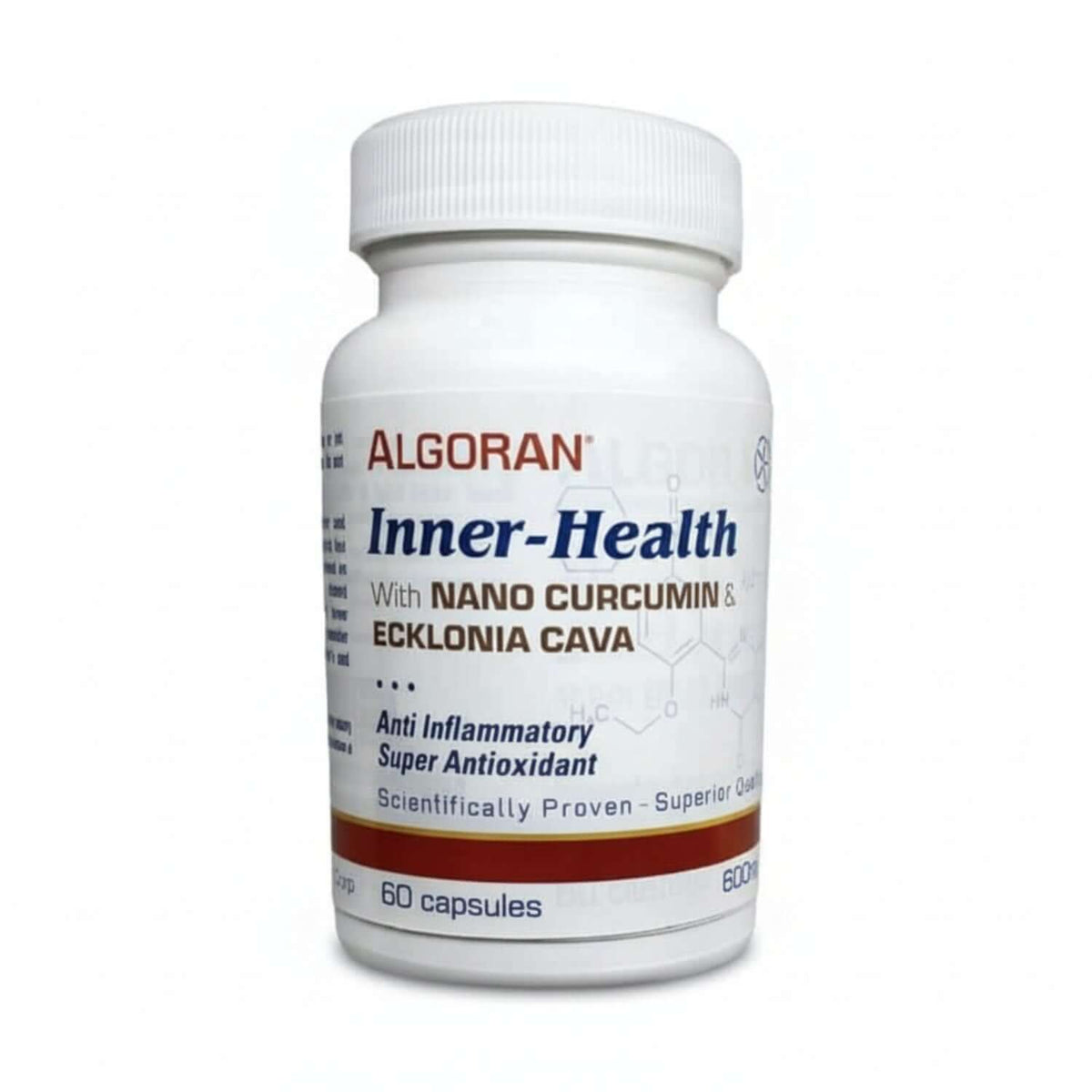 Algoran Inner-Health supplement bottle featuring Ecklonia Cava and Nano Curcumin for enhanced wellness.