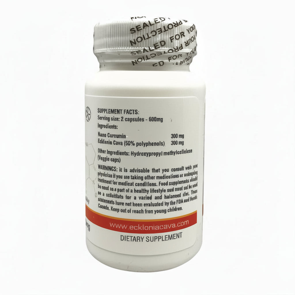 Ecklonia Cava and Nano Curcumin dietary supplement bottle highlighting supplement facts and ingredients.