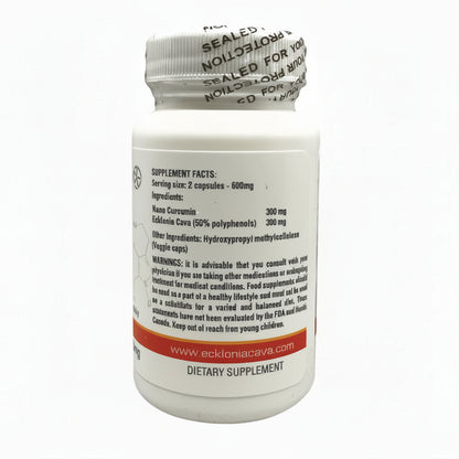 Ecklonia Cava and Nano Curcumin dietary supplement bottle highlighting supplement facts and ingredients.