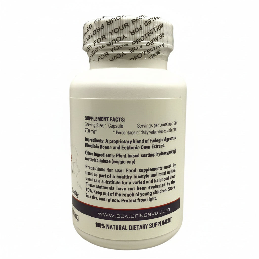 Algoran Vitality and Endurance bottle showcasing Fadogia Agrestis and Rhodiola Rosea dietary supplement facts.
