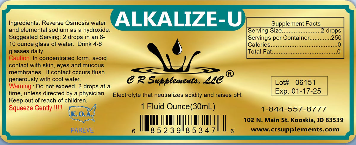 Alkalize-U label showcasing liquid mineral concentrate to support pH balance and hydration.