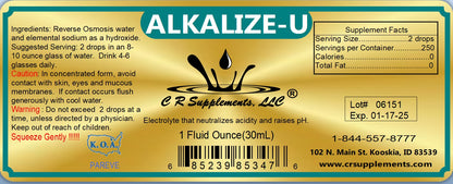 Alkalize-U label showcasing liquid mineral concentrate to support pH balance and hydration.
