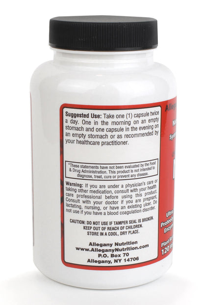Nattokinase systemic enzyme formula supplement bottle with dosage instructions on label.
