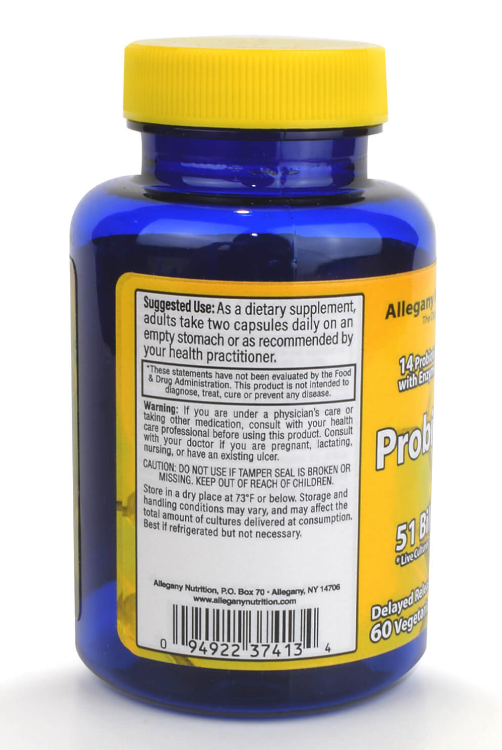 Full spectrum probiotic supplement bottle showing 14 strains and prebiotic inulin for gut health by Allegany Nutrition.