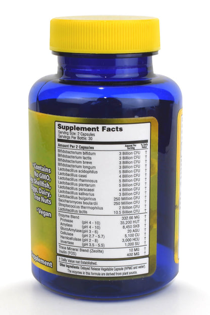 Full spectrum probiotic supplement bottle showcasing supplement facts and 14 strains for gut health support.