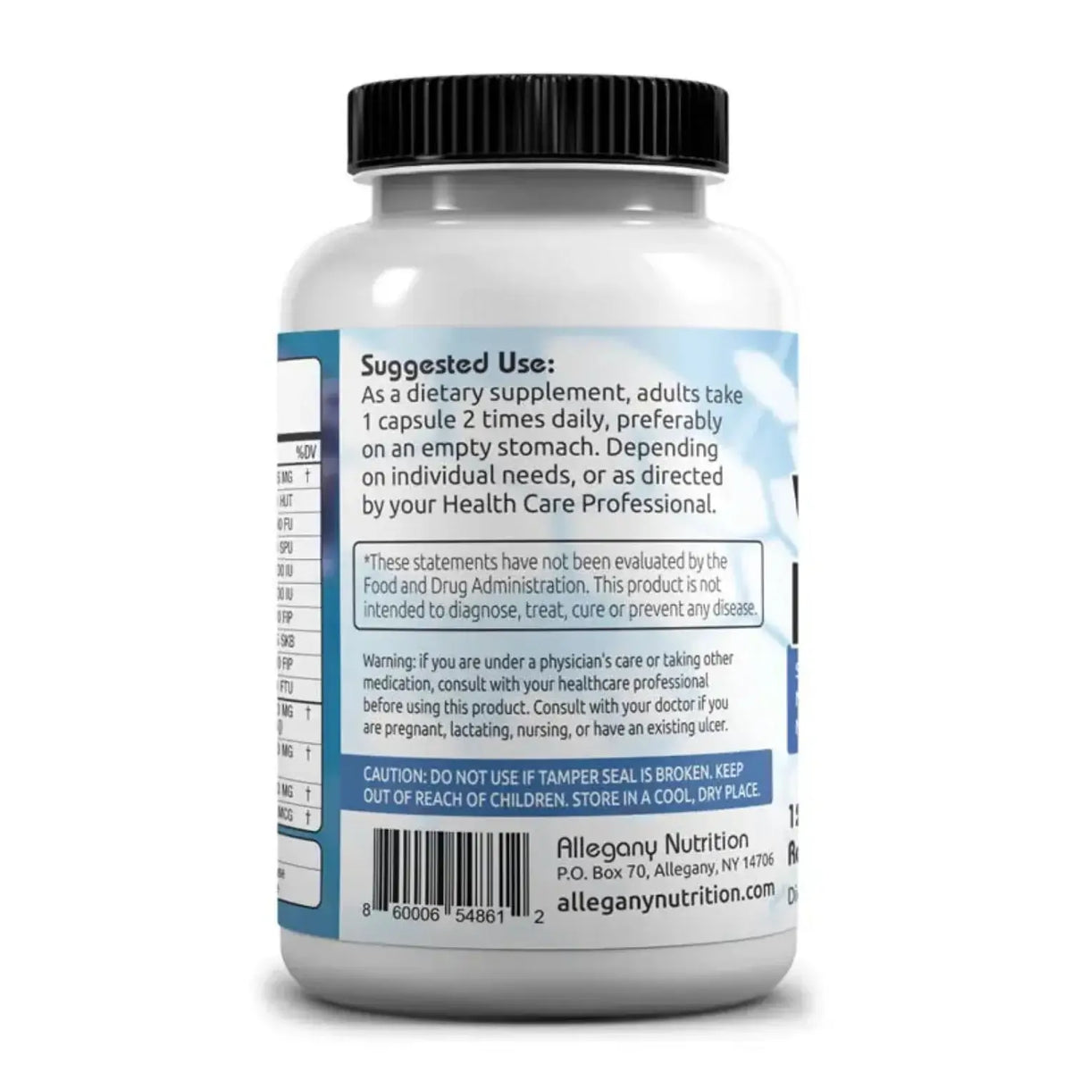 Back label of Vital Health cardiovascular enzyme supplement bottle with directions and warnings.