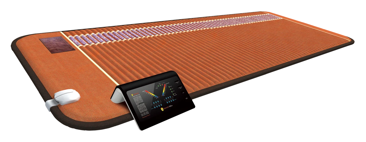 A brown woven mat with a built-in electronic controller and a white charging cable, shown on a plain white background.