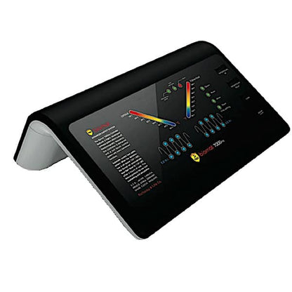 A black digital spectrometer device with a built-in display screen showing colorful light spectra and measurement scales, supported by a small white stand, on a plain white background.