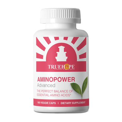 A white bottle of TrueHope Foods & Supplements Aminopower Advanced dietary supplement with a pink and white label, shown on a plain white background.