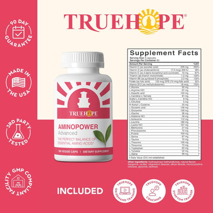 A bottle of TRUEHOPE AminoPower Advanced dietary supplement alongside its Supplement Facts label, set against a pink and beige promotional background with feature callouts and an included tracking tracker icon.