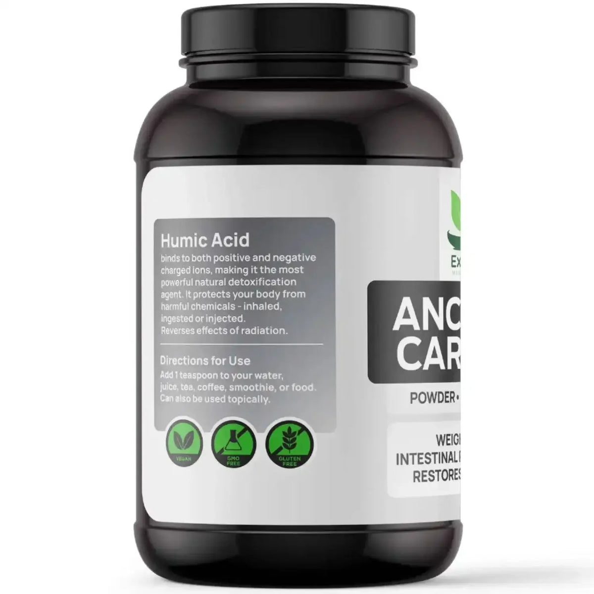 Bioavailable Ancient Carbonaceous Matrix from Exsula Superfoods in a black container with Humic Acid label.