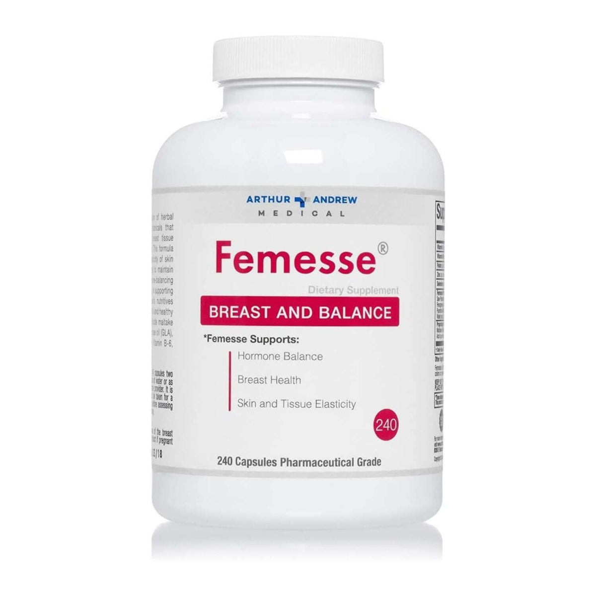 Femesse Hormone Balance Supplement in a white bottle with labels for breast health and tissue elasticity.