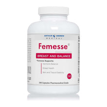 Femesse Hormone Balance Supplement in a white bottle with labels for breast health and tissue elasticity.