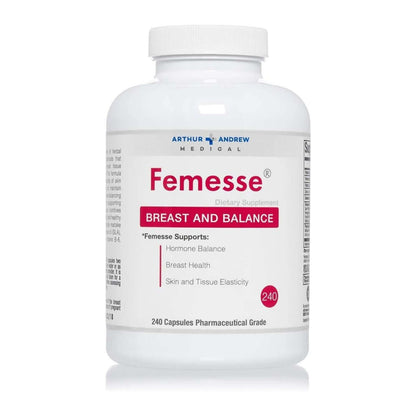 Femesse Hormone Balance Supplement in a white bottle with labels for breast health and tissue elasticity.