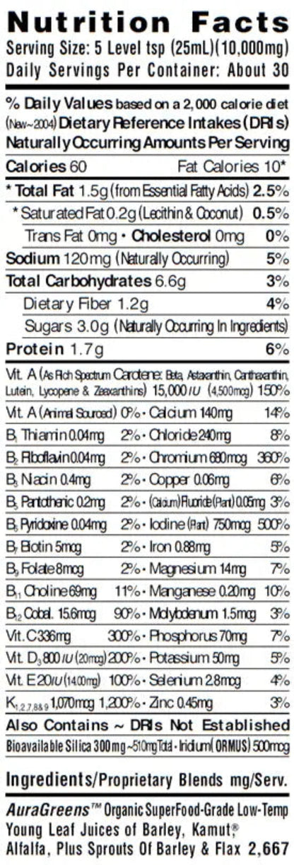 Nutrition facts label for AuraFit superfood for endurance, showing calories, nutrients, and ingredients information.