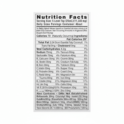 Nutrition facts label for AuraSil Silica Superfood Blend, detailed serving information and nutrient breakdown.