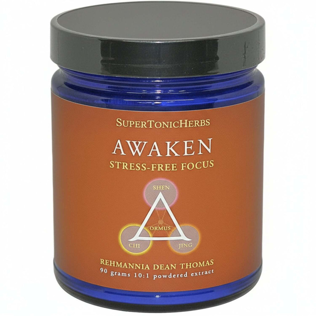 Awaken - TCM Herbs for Brain Health in a blue jar for stress-free focus.