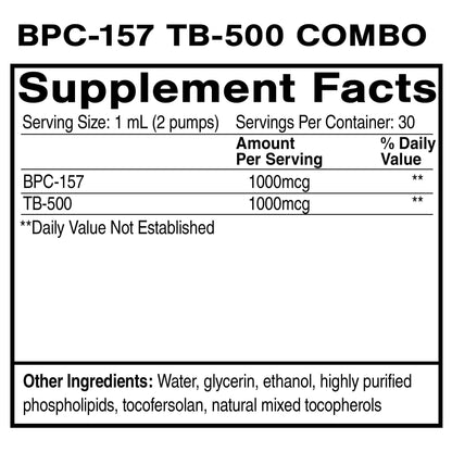 BPC-157 + TB-500 Combo Supplement Facts for Systemic Tissue Regeneration Drops, showing dosage details.