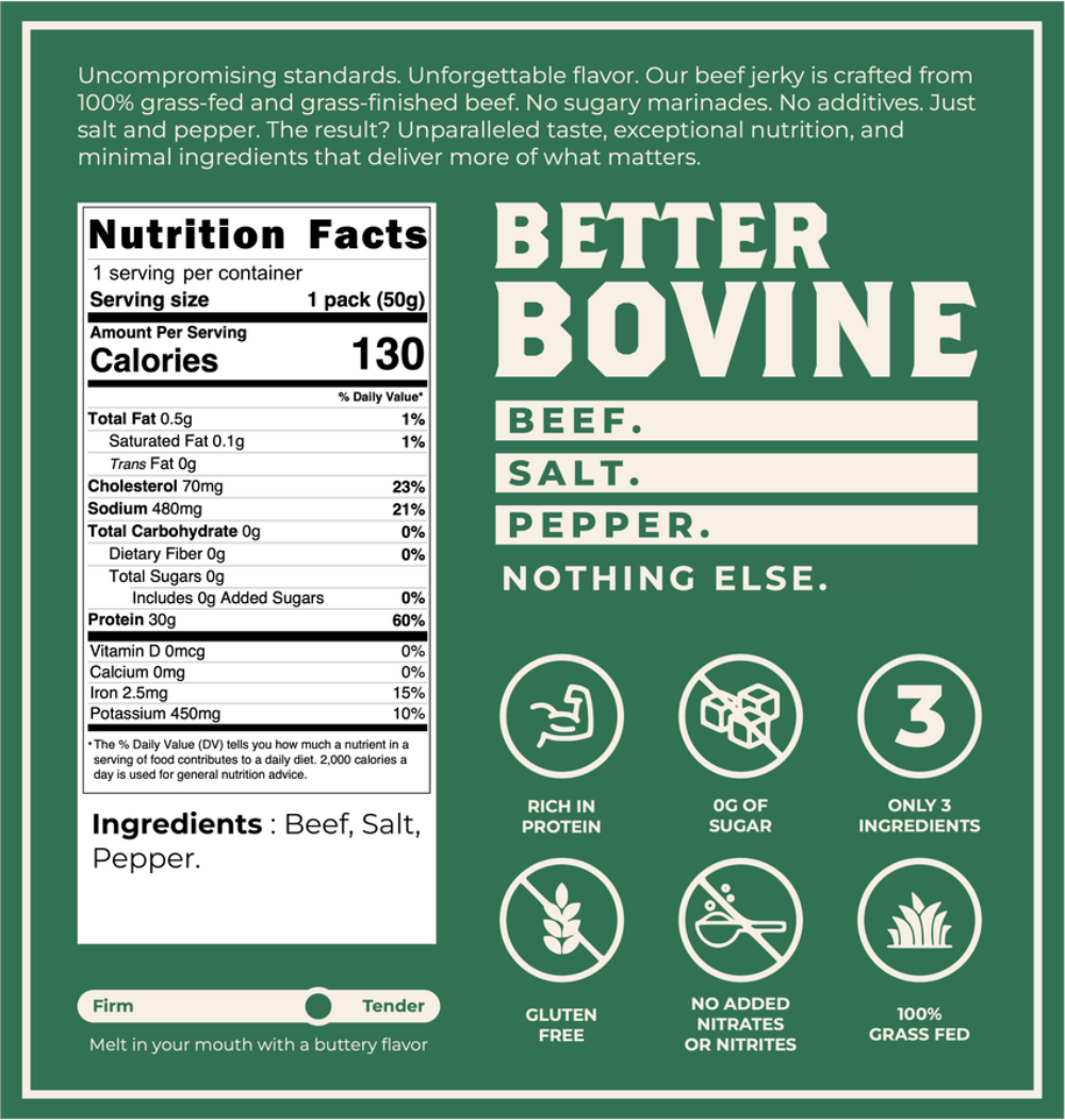 Nutrition facts for Bundle Grass-fed Beef Jerky showcasing ingredients: Beef, Salt, Pepper with nutritional highlights.