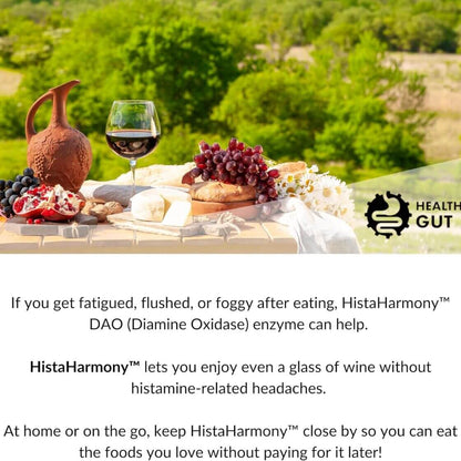 HistaHarmony - DAO Enzyme for Histamine Food Intolerance with wine and food spread in nature.