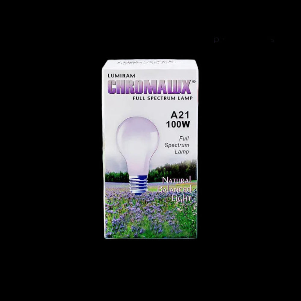 Chromalux Full Spectrum Frosted Bulbs packaging with full spectrum lamp features and benefits.