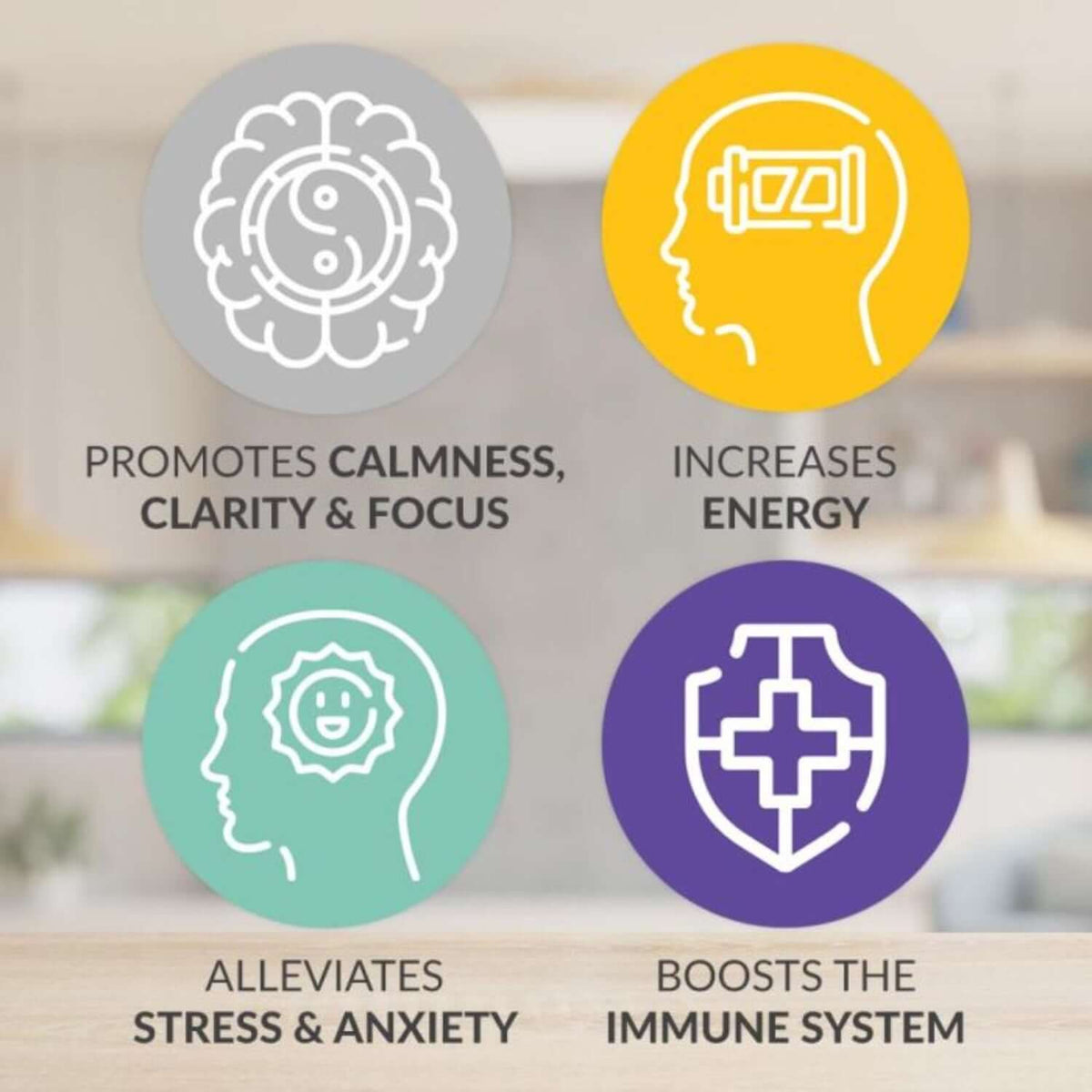 EMPowerplus Methylated Advanced benefits illustration promoting calmness, energy, stress relief, and immune support.