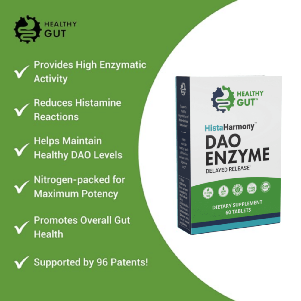 HistaHarmony - DAO Enzyme for Histamine Food Intolerance dietary supplement box with benefits listed on packaging.