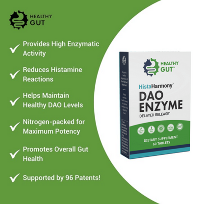 HistaHarmony - DAO Enzyme for Histamine Food Intolerance dietary supplement box with benefits listed on packaging.