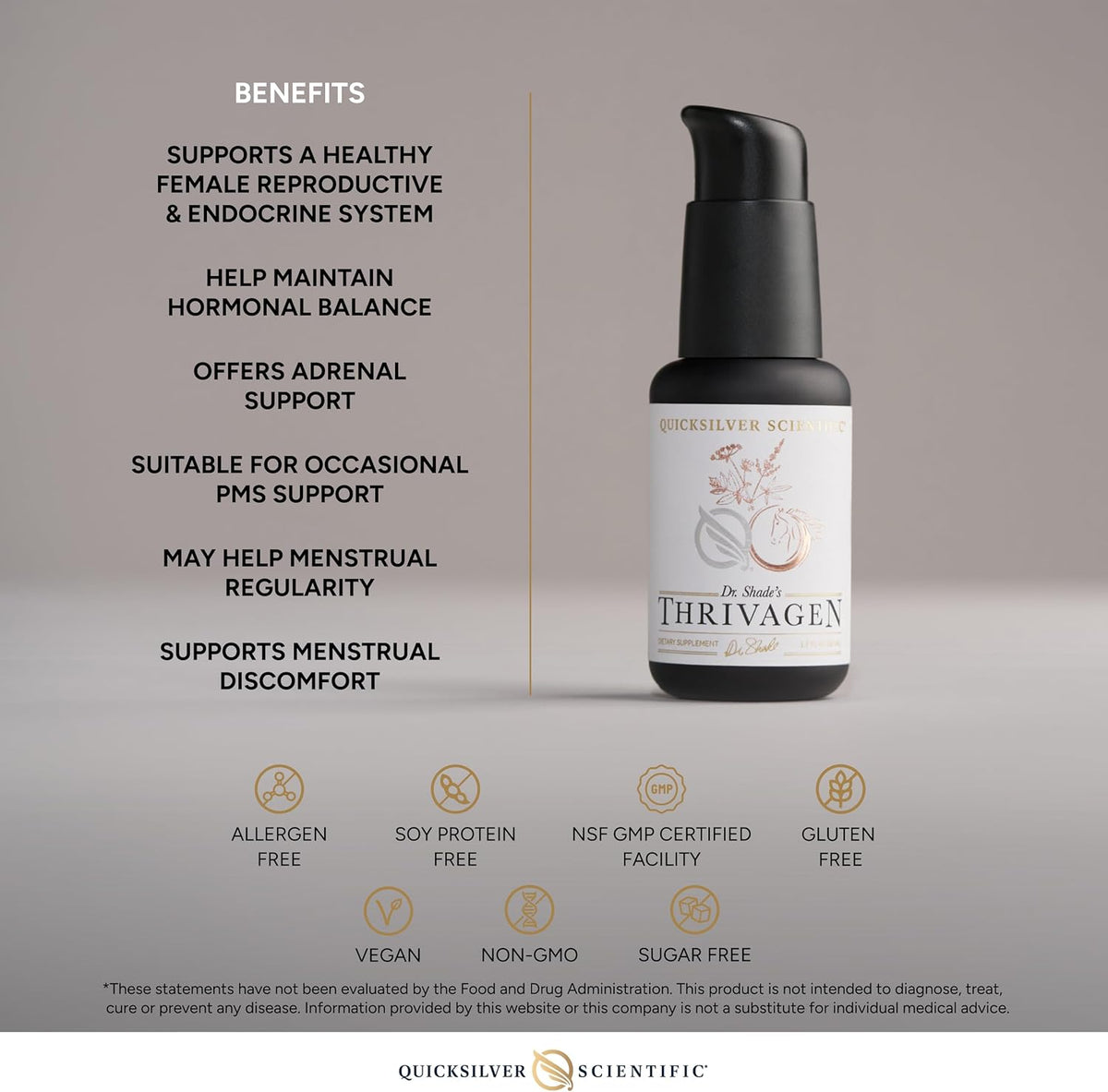 Liposomal Women’s Adaptogen Tonic by Thrivagen in a bottle highlighting benefits for female endocrine health.