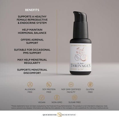 Liposomal Women’s Adaptogen Tonic by Thrivagen in a bottle highlighting benefits for female endocrine health.