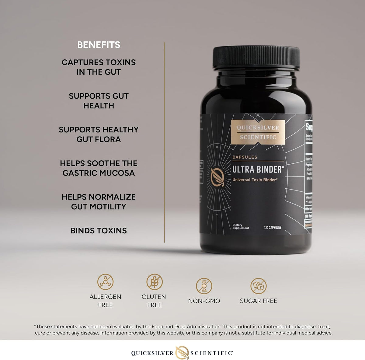 Ultra Binder - Universal Toxin Binder supplement bottle showcasing benefits for gut health and toxin binding.