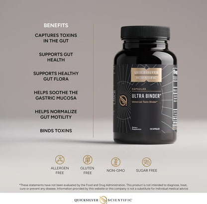 Ultra Binder - Universal Toxin Binder supplement bottle showcasing benefits for gut health and toxin binding.