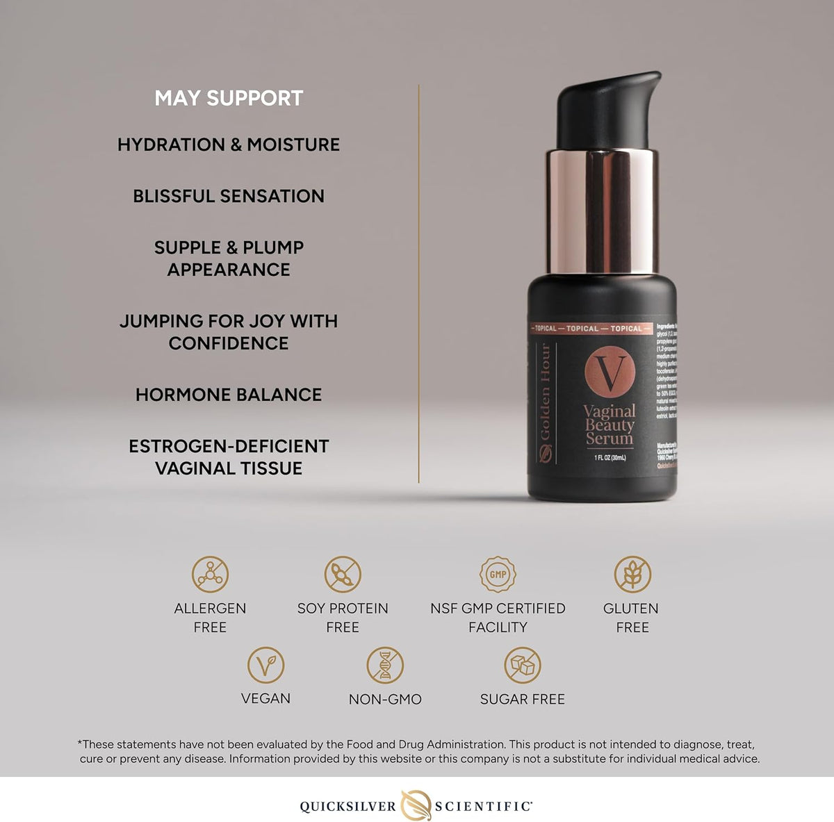 Vaginal Beauty Serum by Quicksilver Scientific promoting hydration for menopause with nourishing ingredients.
