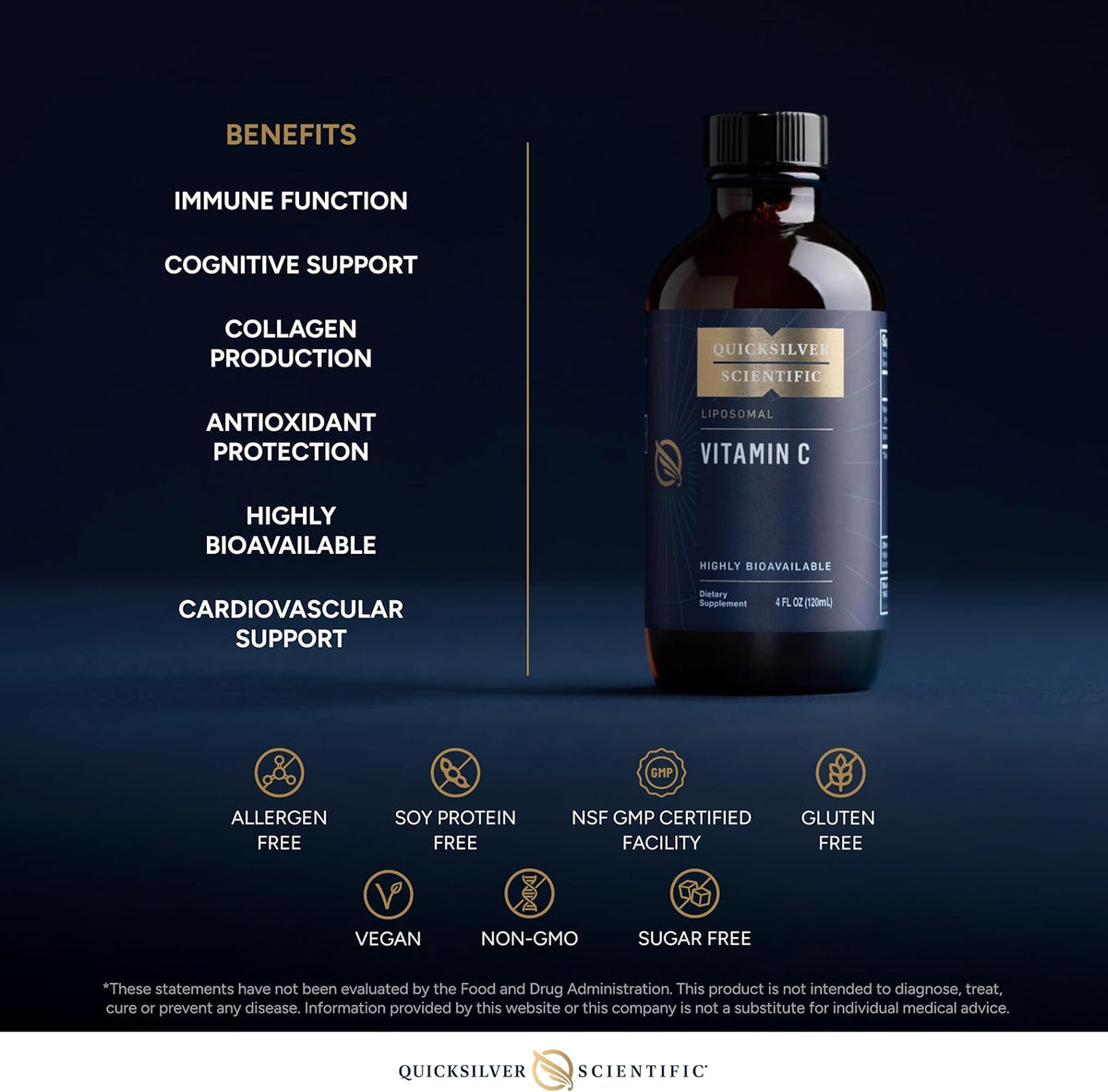 Liposomal Antioxidant Quicksilver Scientific Vitamin C bottle highlighting immune function and antioxidant protection.
