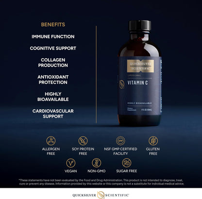 Liposomal Antioxidant Quicksilver Scientific Vitamin C bottle highlighting immune function and antioxidant protection.