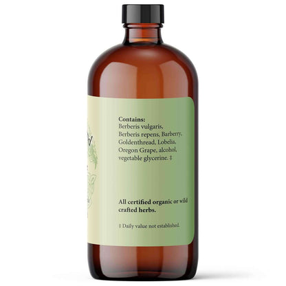 Berberine plant extract for gut health in a brown glass bottle with herbal ingredients listed on the label.