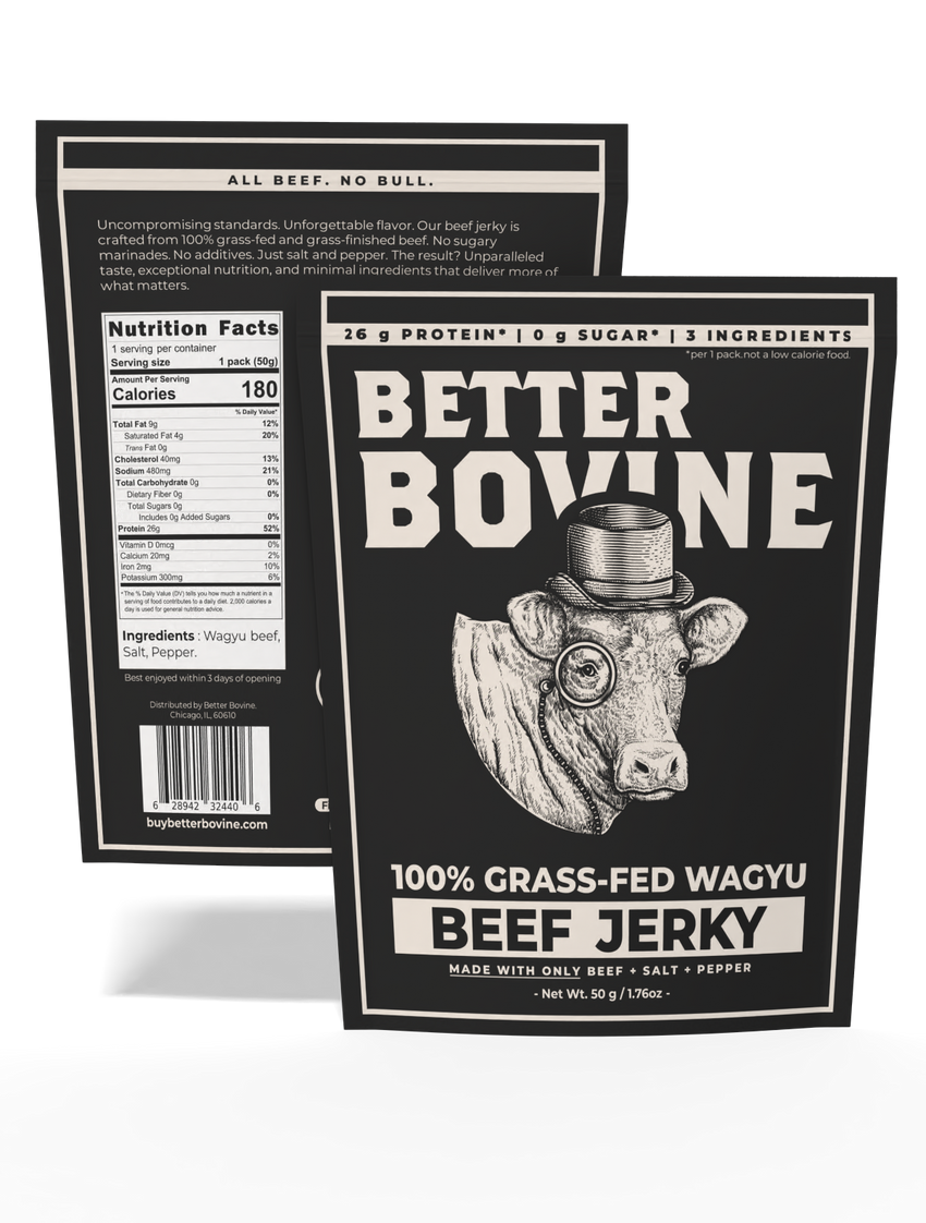 Pack of 5 - Wagyu Beef Jerky with nutritional facts and ingredients on the back, highlighting 100% grass-fed Wagyu.