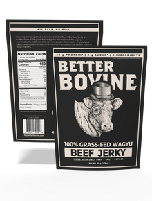 Pack of 5 - Wagyu Beef Jerky with nutritional facts and ingredients on the back, highlighting 100% grass-fed Wagyu.