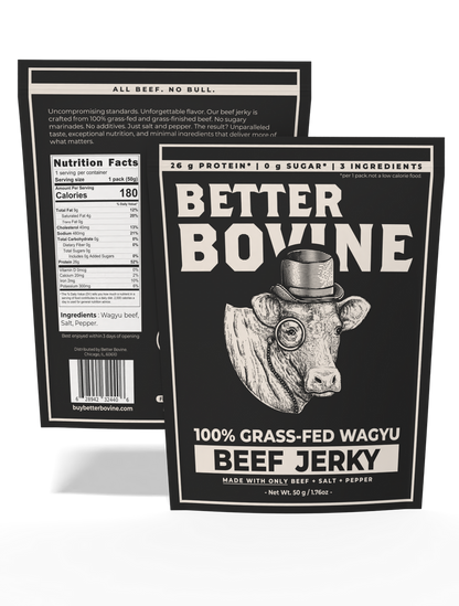 Pack of 5 - Wagyu Beef Jerky with nutritional facts and ingredients on the back, highlighting 100% grass-fed Wagyu.