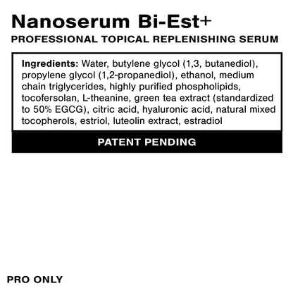 Ingredients list for Nanoserum Bi-Est+, a professional topical replenishing serum.