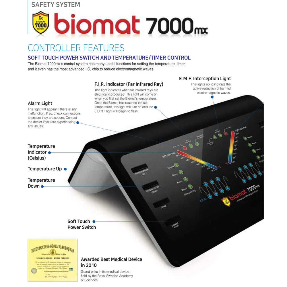 A product infographic for the Biomat 7000mx controller, showing the device itself on a white background with feature callouts, labels, and award badges. The controller is black with a colorful LED display and multiple touch-sensitive buttons.