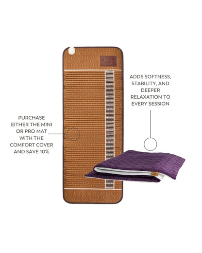 A tan textured yoga mat with a vertical striped channel and a small brown logo patch, shown on a white background with callout text and a folded purple mat underneath.