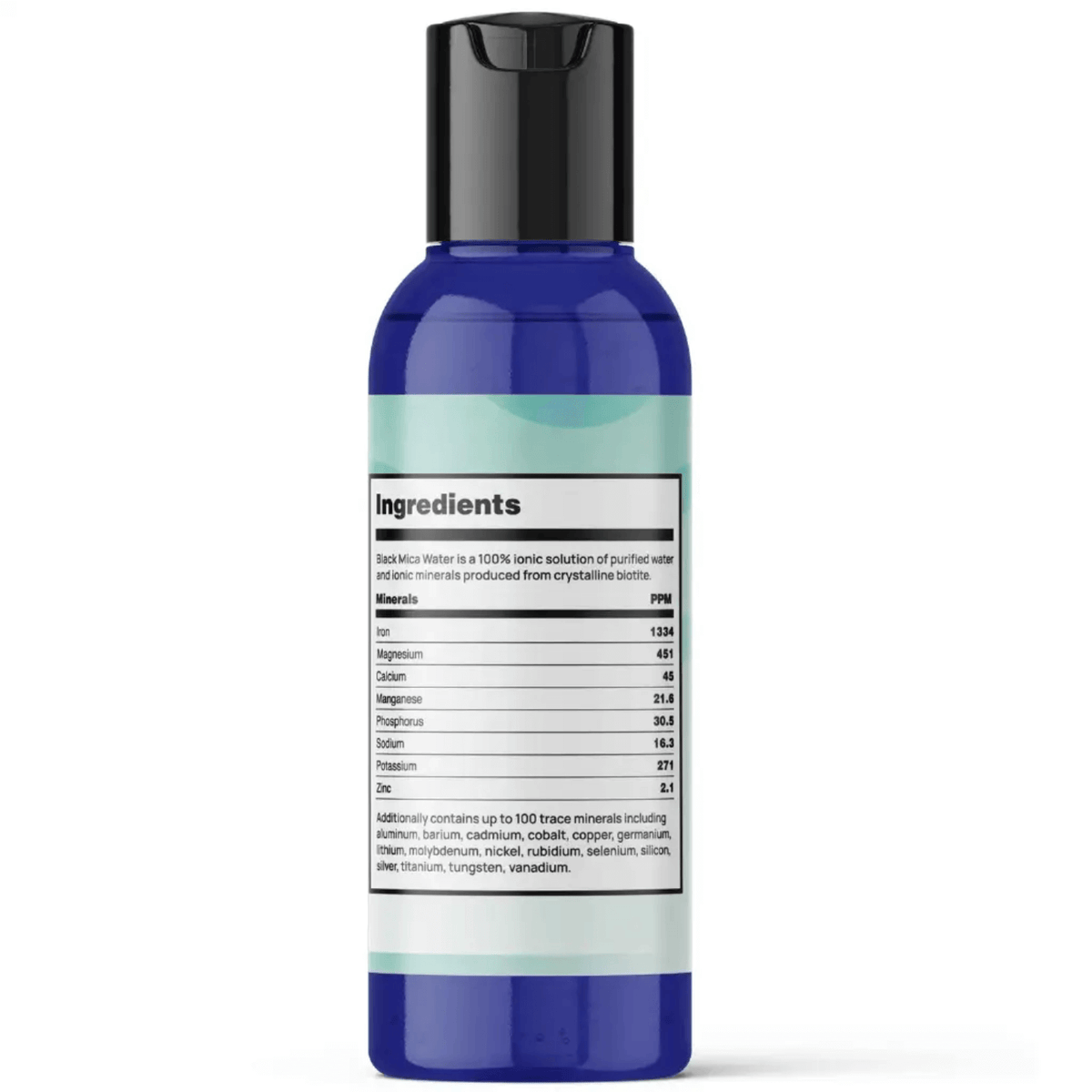 Black Mica Water - Biotite Ionic Sulfate Mineral Extract ingredients list on a blue bottle.